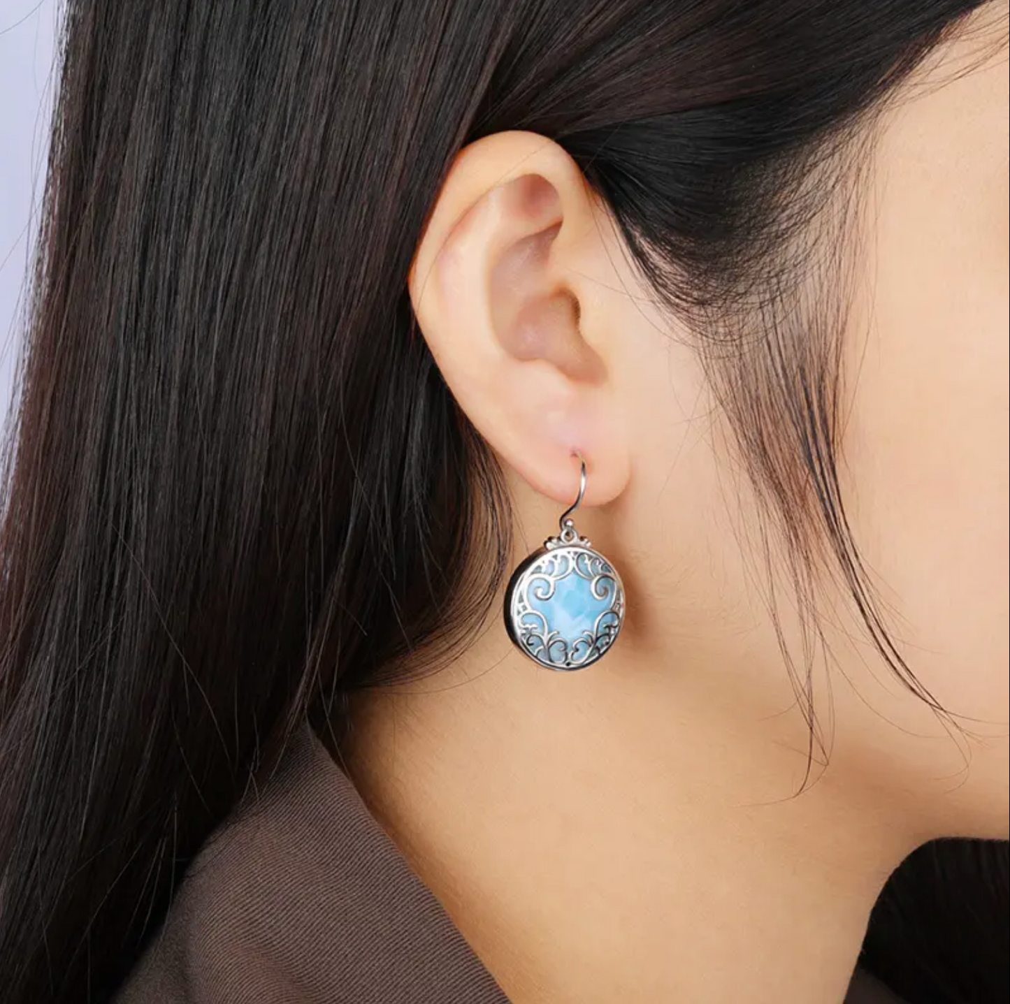 Sky Blue Larimar & Sterling Silver Lace-Encased Drop Earrings