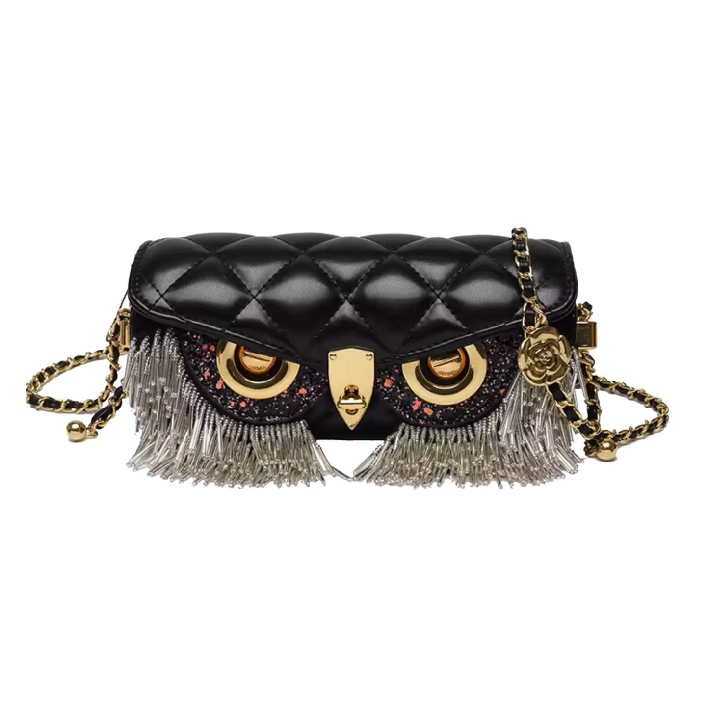 Black quilted owl clutch bag with gold hardware, fringe lashes, and chain strap