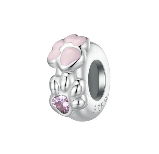 Pink Cubic Zirconia & Sterling Silver Paw Rondelle Charm