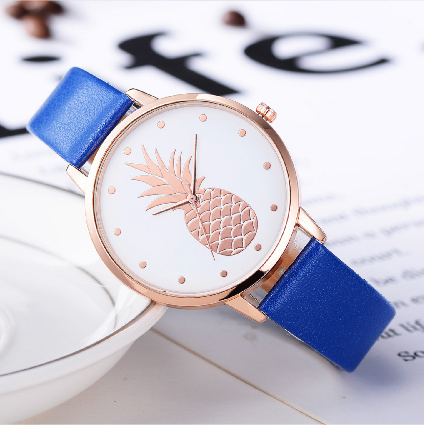 Rose Goldtone Faux Leather Pineapple Face Watch