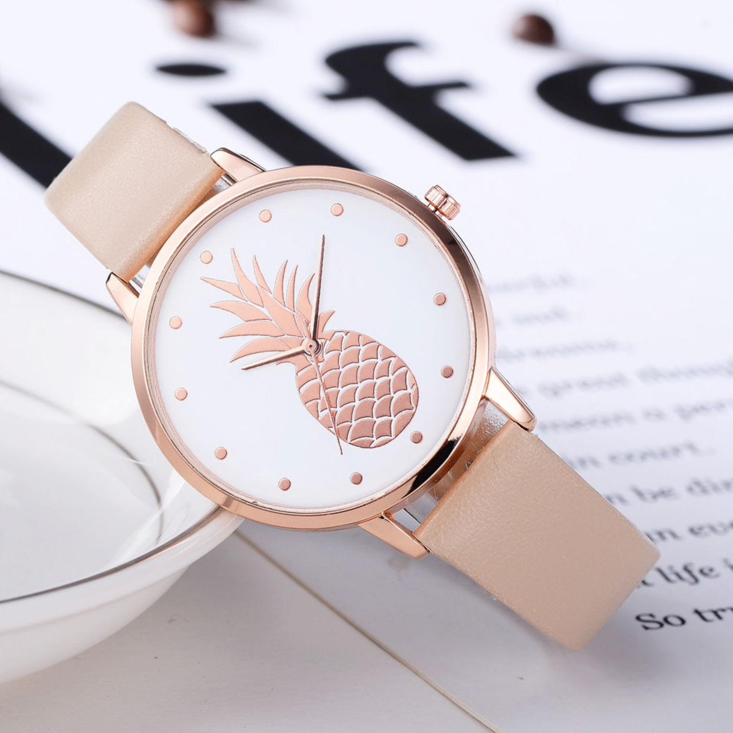 Rose Goldtone Faux Leather Pineapple Face Watch