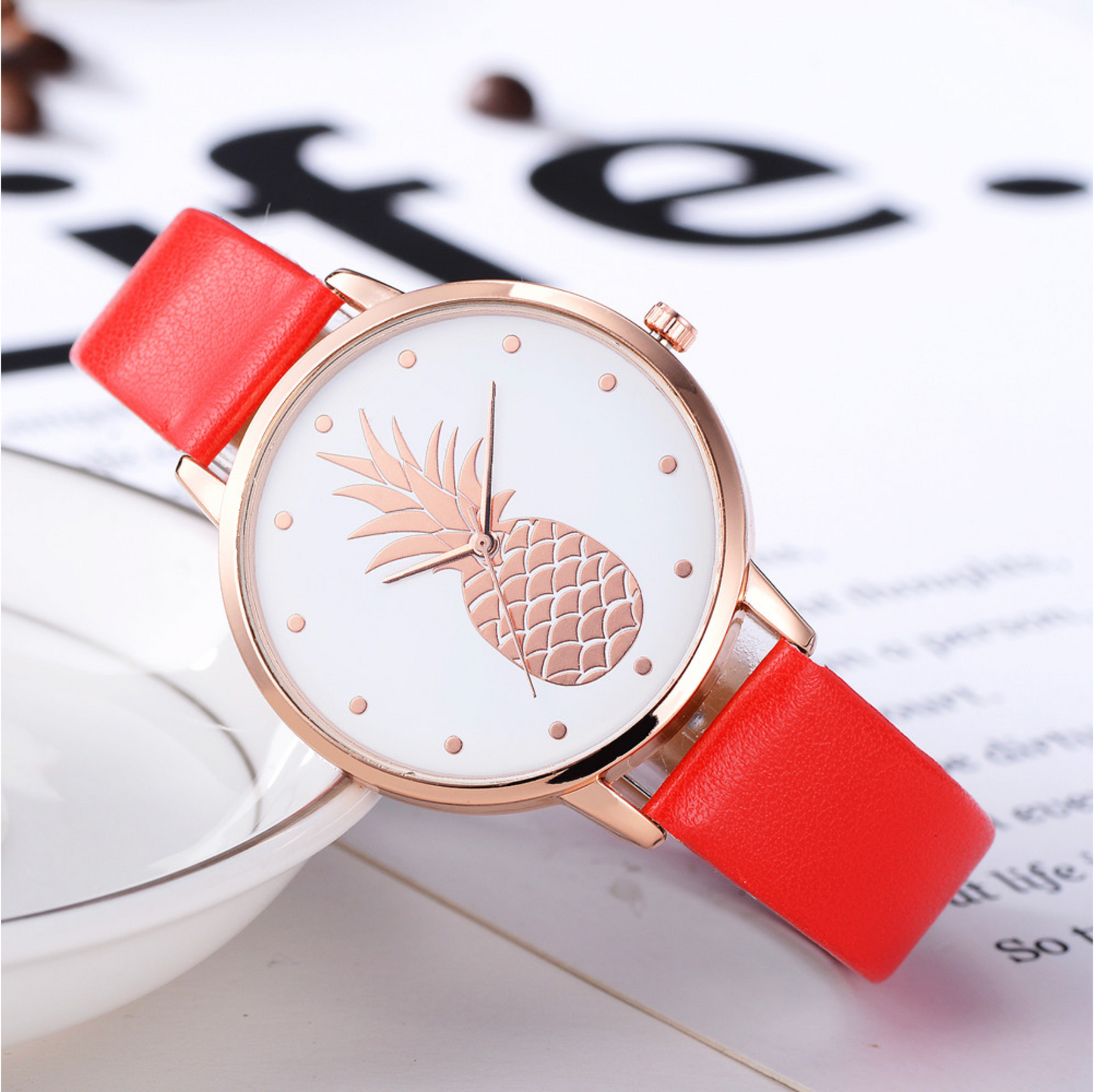 Rose Goldtone Faux Leather Pineapple Face Watch