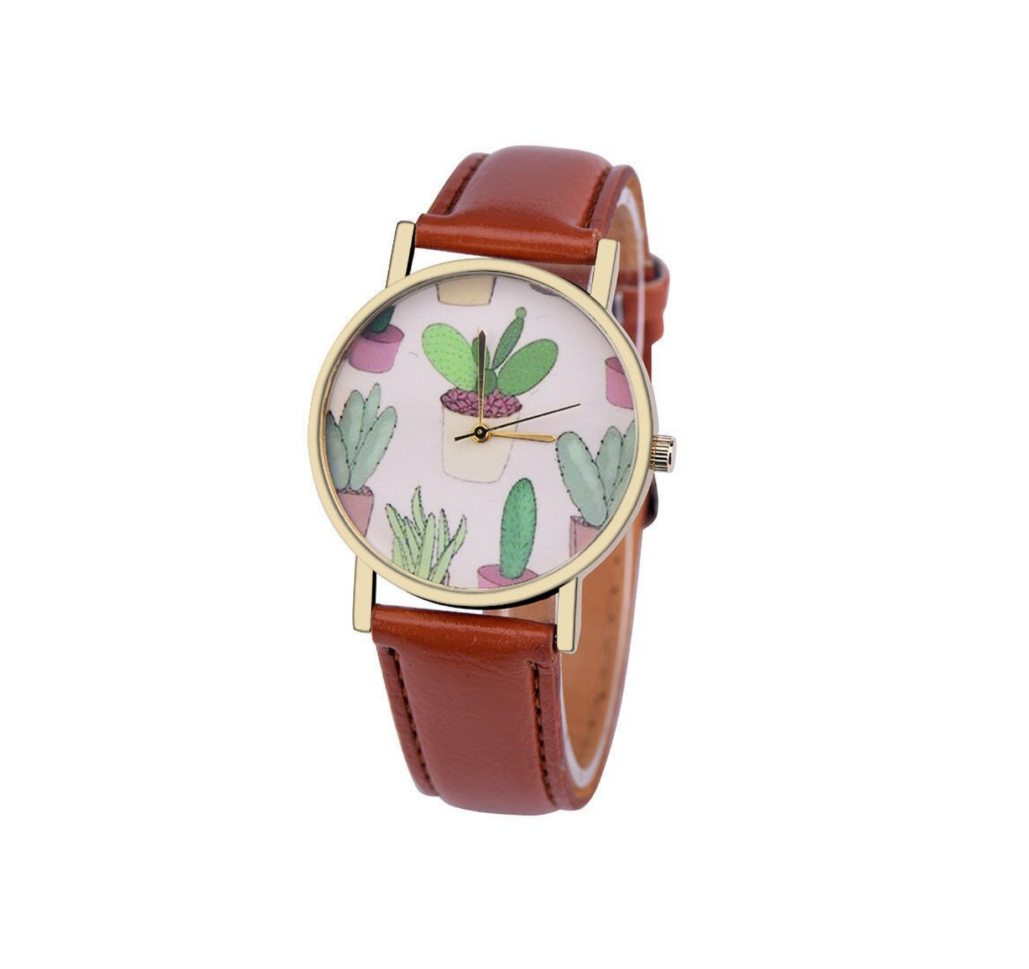 Goldtone Faux Leather Cactus Watch