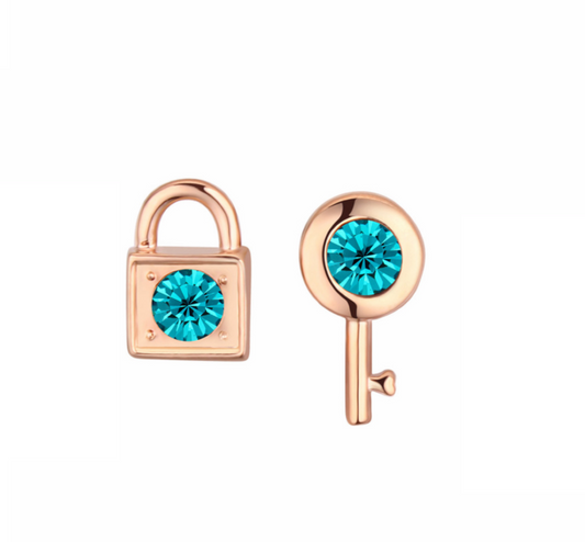 Goldtone Asymmetrical Lock & Key Stud Earrings with Aqua Blue Swarovski Crystals