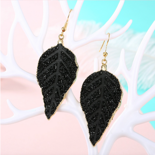 Black Goldtone Leaf Drop Earrings