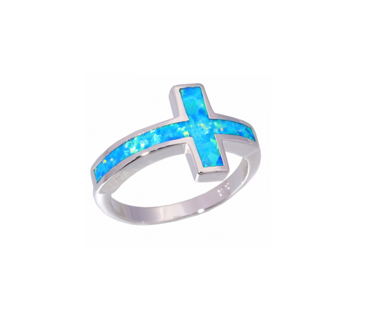 Sterling Silver Blue Opal Cross Ring