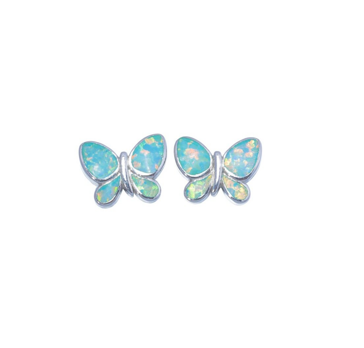 Sterling Silver Butterfly Stud Earrings with Green Lab-Created Opal