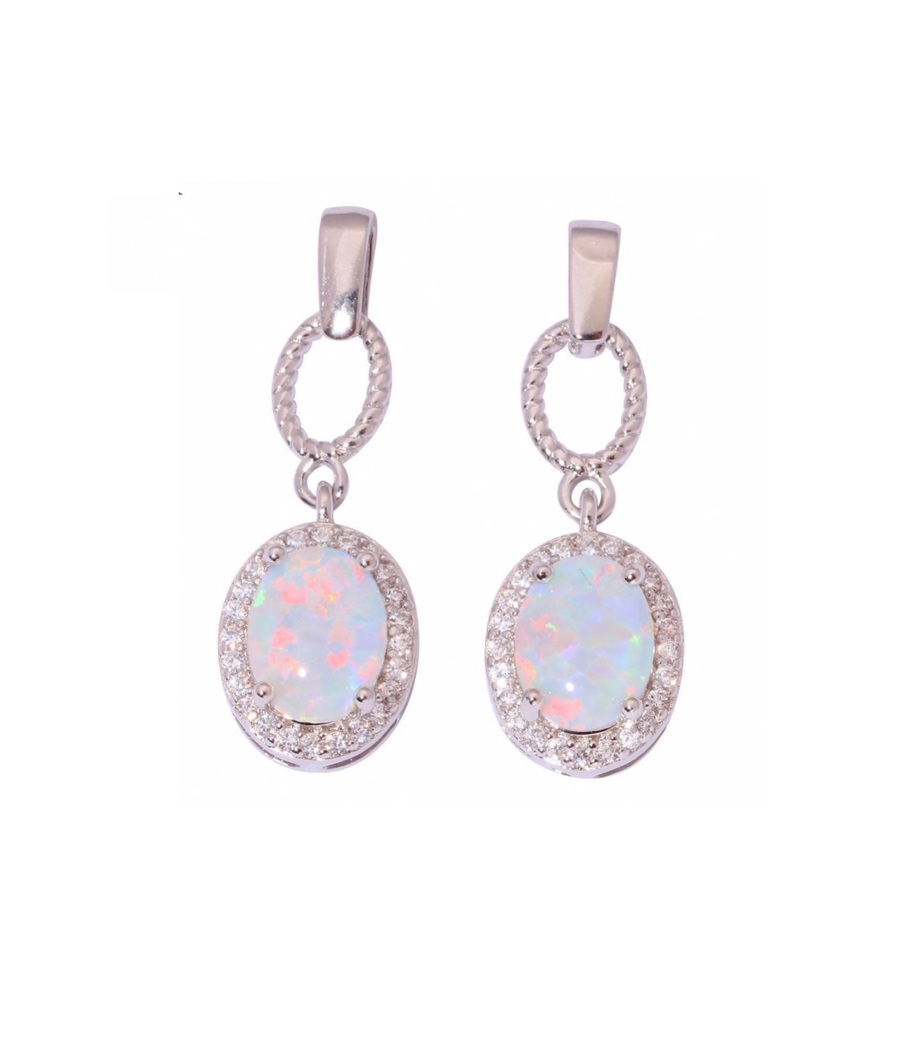 Sterling Silver Oval Drop Earrings with White Lab-Created Opal