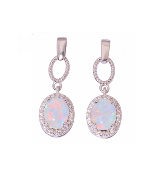 Sterling Silver Oval Drop Earrings with White Lab-Created Opal