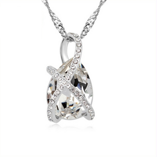 Crystal Teardrop Criss Cross Pendant Necklace