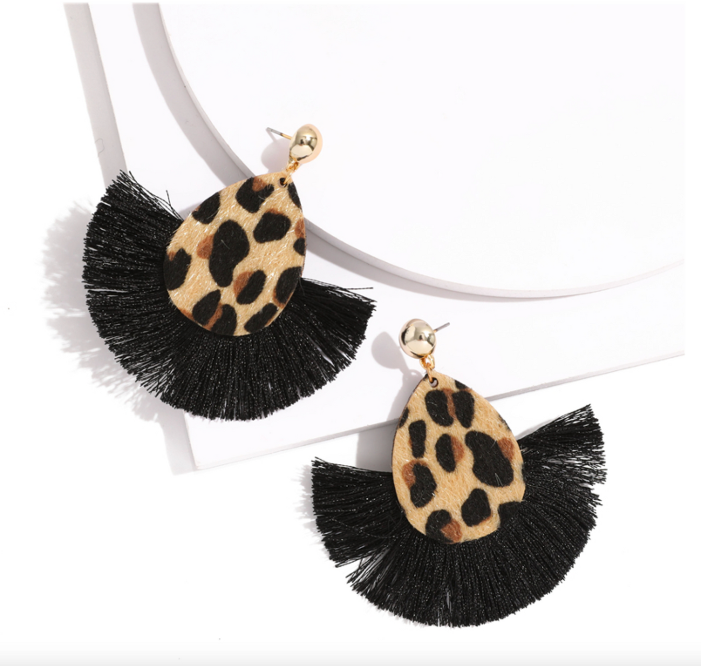 Black Goldtone Leopard Fringe Statement Drop Earrings