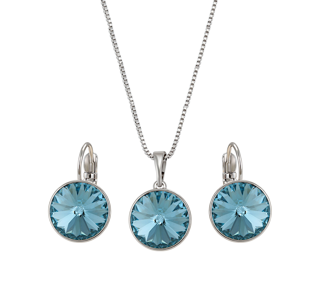 Aqua Swarovski Crystal Rivoli Pendant Necklace With Matching Lever-back Earrings