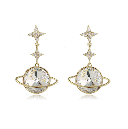 Goldtone Stars & Planet Swarovski Crystals Drop Earrings