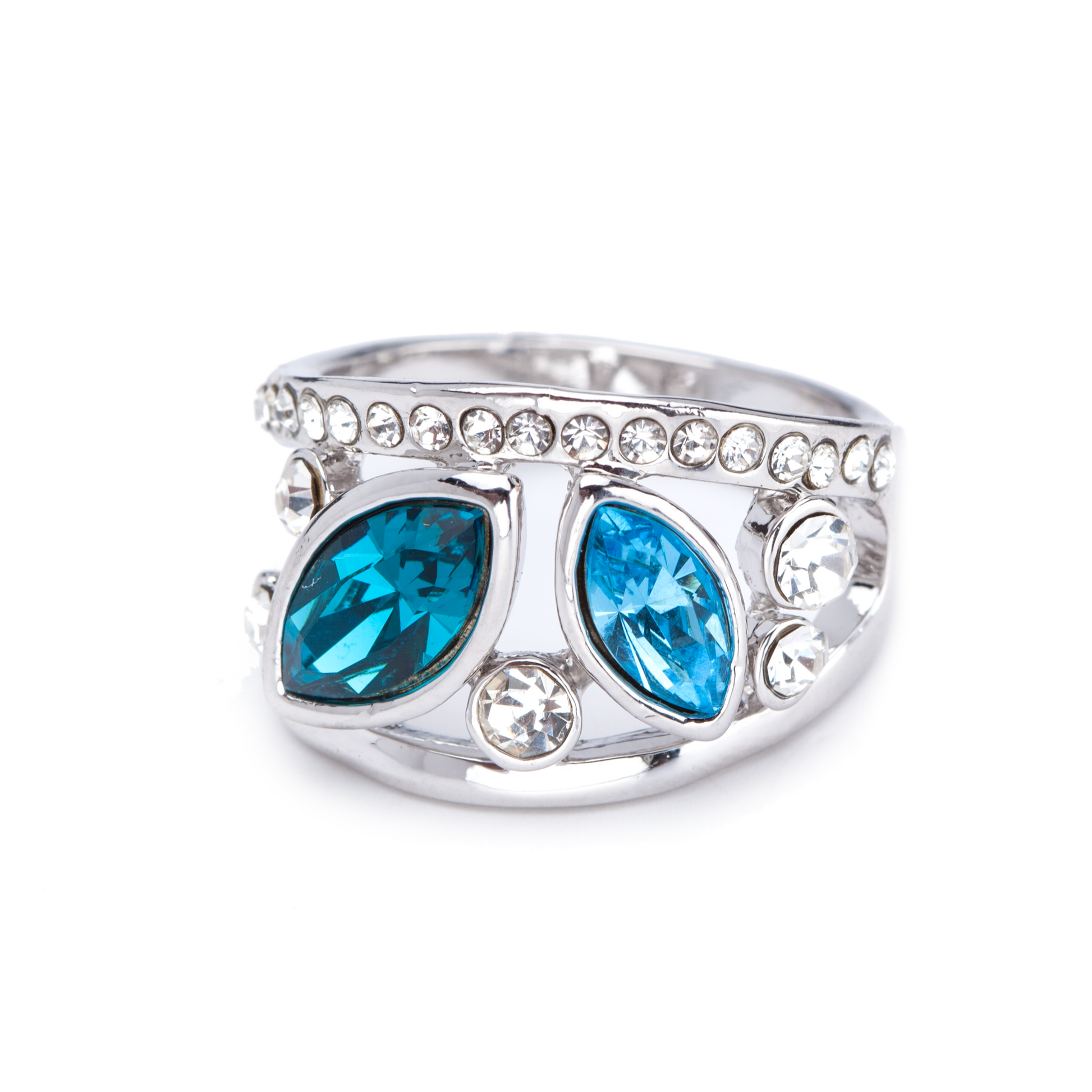 Swarovski crystal statement ring with bold blue marquise stones and clear accents on rhodium-plated wide band