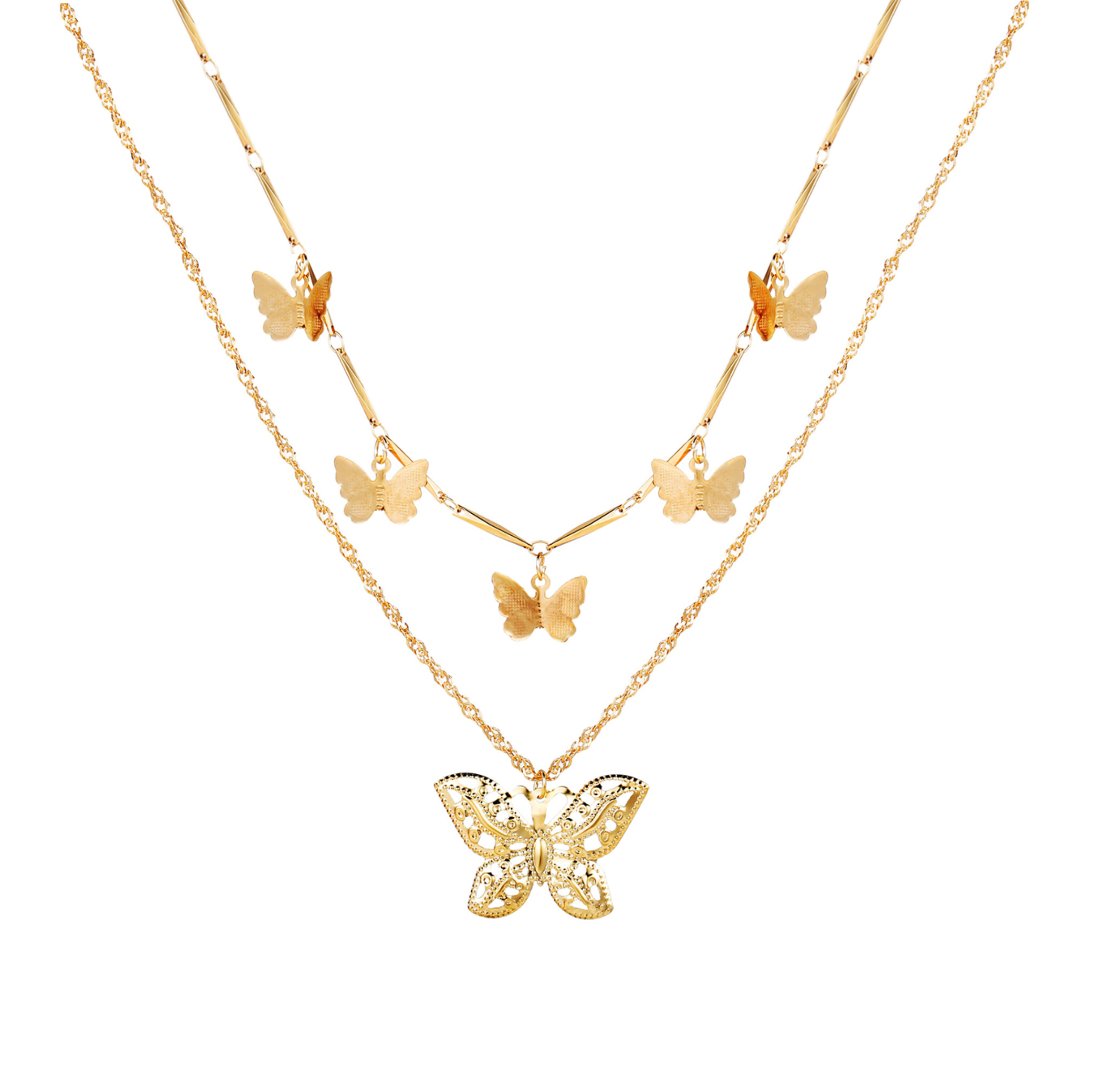 Gold-tone layered necklace with small butterflies and a large butterfly pendant