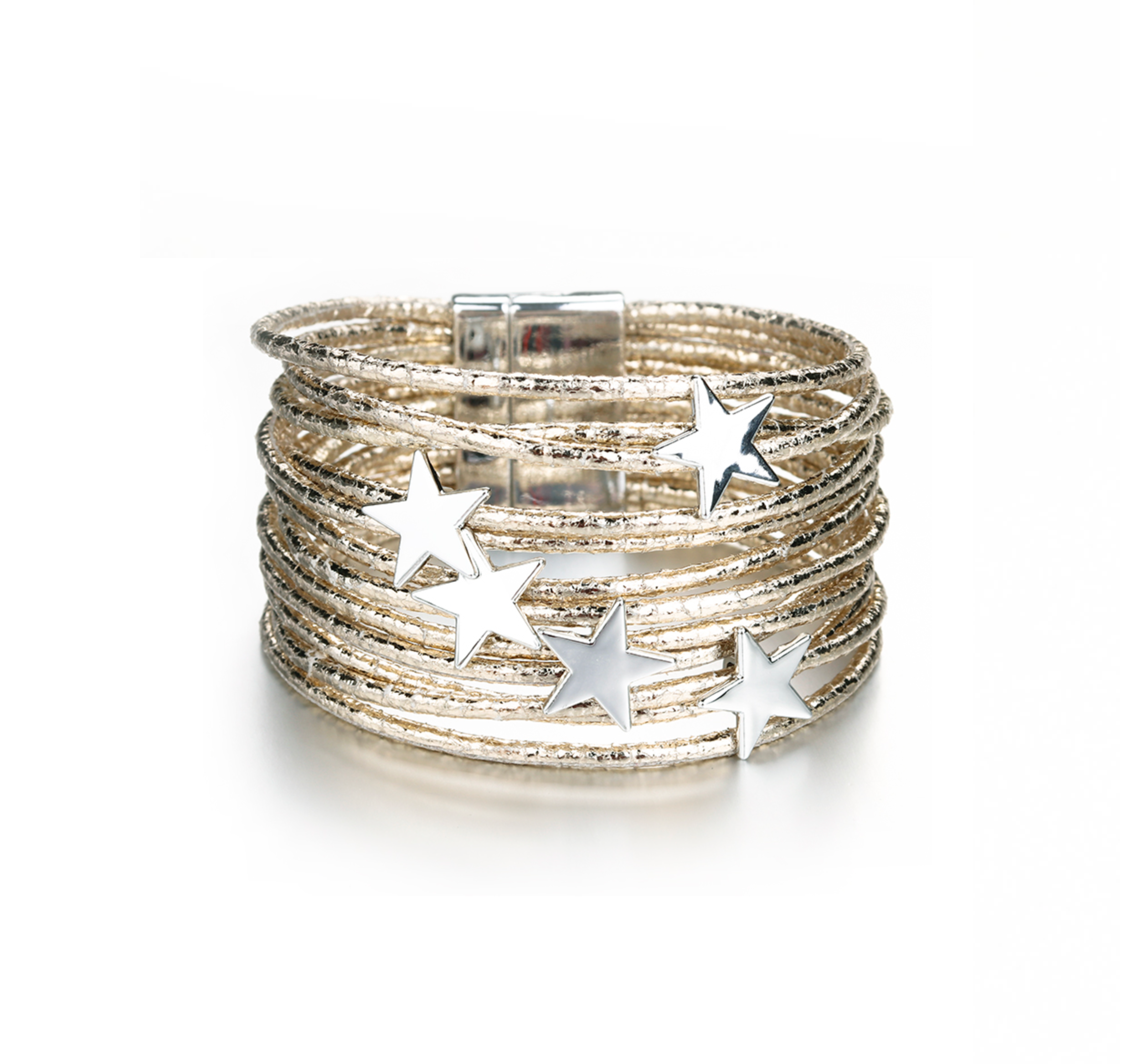 Wide mixed gold-tone and silver-tone bracelet with star cutouts