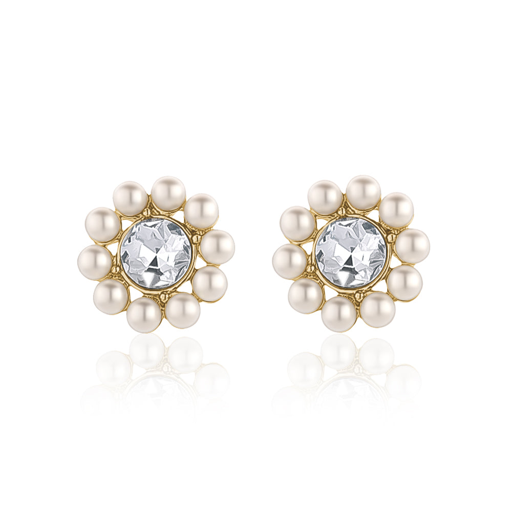 White faux pearl flower stud earrings with large clear crystal centres