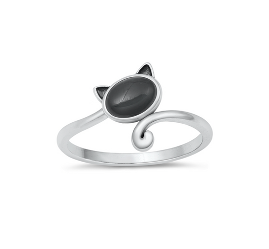 Natural Black Agate & Sterling Silver Cat Ring