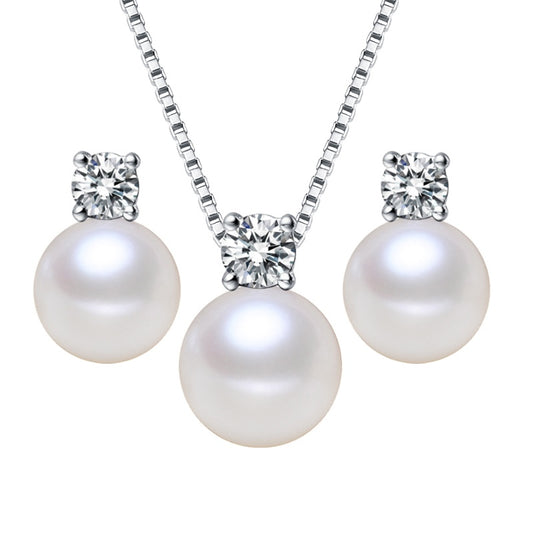 White Freshwater Pearl Cubic Zirconia Solitaire Pendant And Stud Earring Set