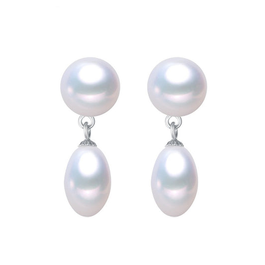 White Freshwater Round And Oval Pearl Drop Earrings