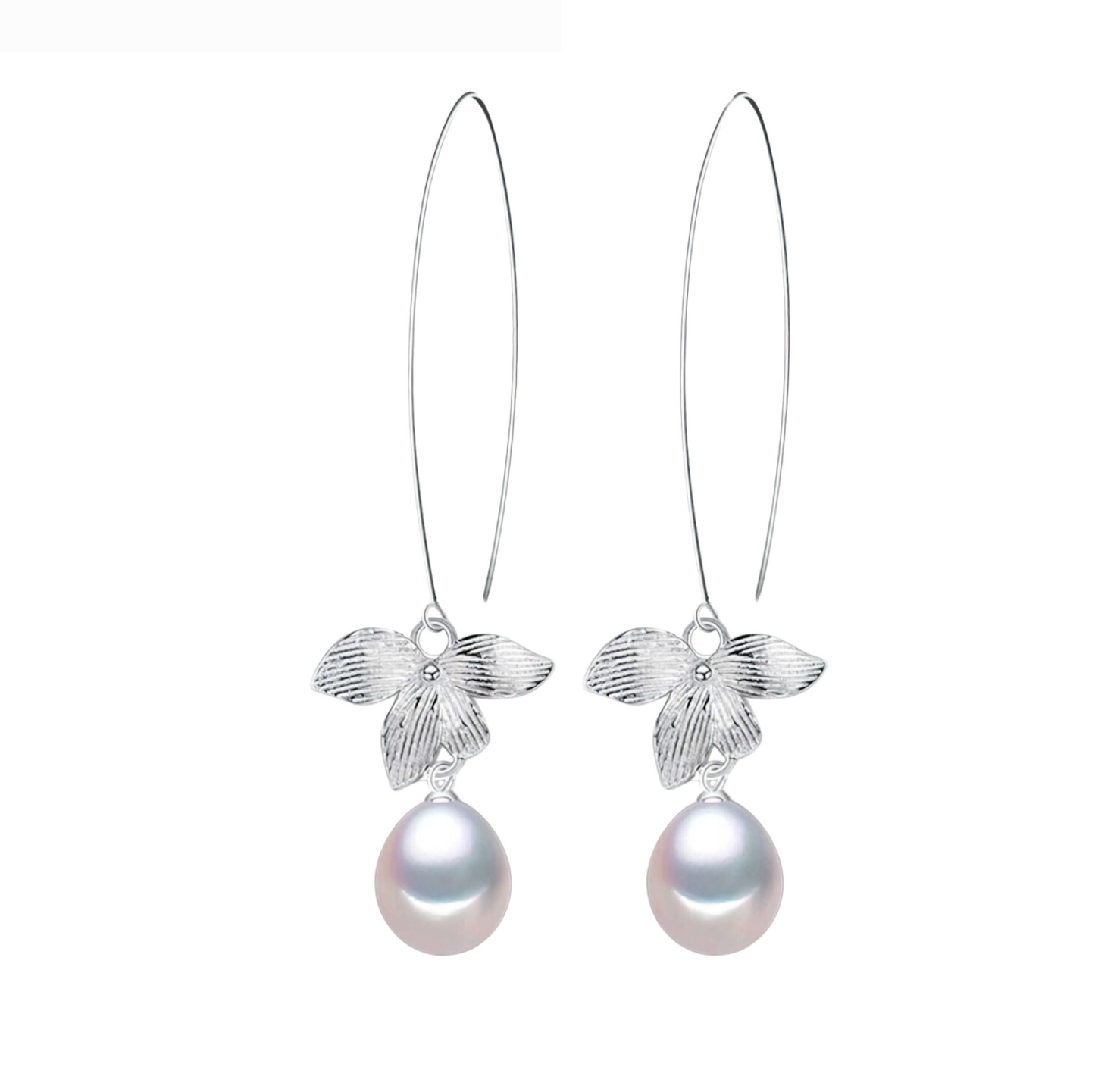 Sterling Silver White Freshwater Pearl Flower Threader Drop Earrings