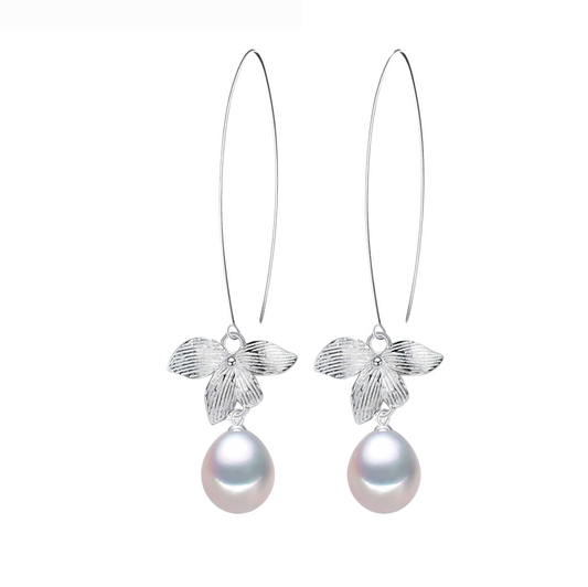 Sterling Silver White Freshwater Pearl Flower Threader Drop Earrings