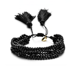 Black Beaded Multistrand Adjustable Bracelet With Tassels