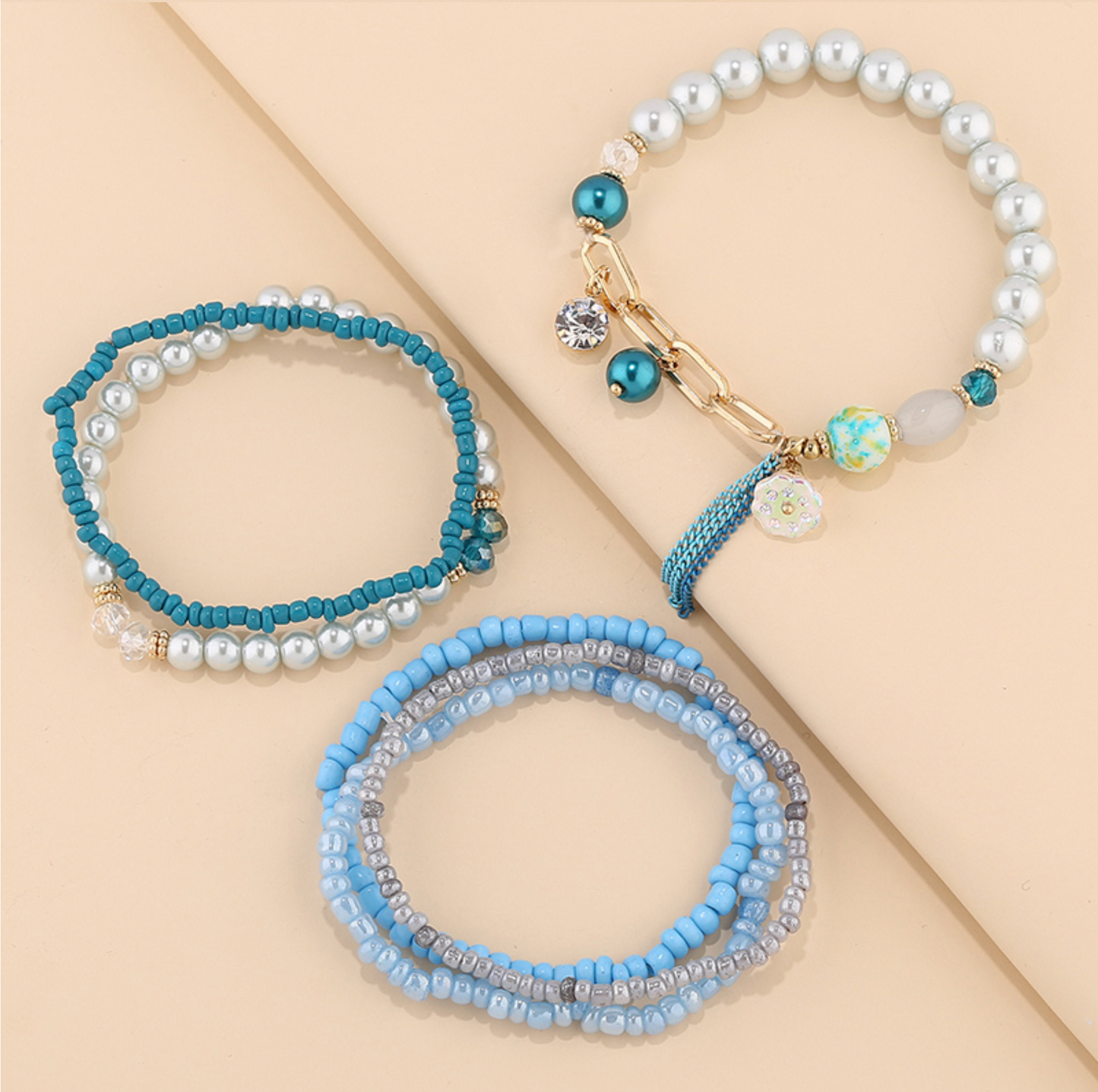 Pearlescent Blue Beaded Bracelet Set