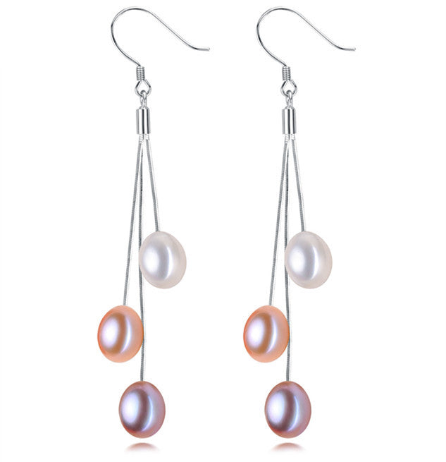 Muti-colored Freshwater Pearl Drop Chain Earrings