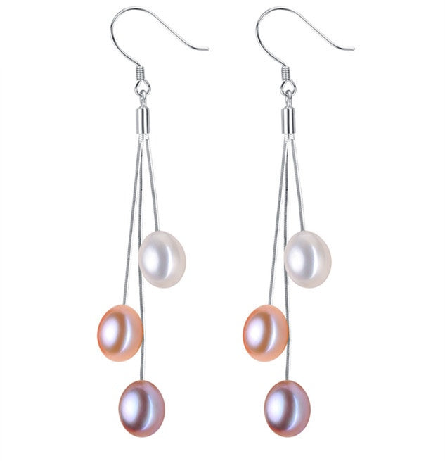 Muti-colored Freshwater Pearl Drop Chain Earrings