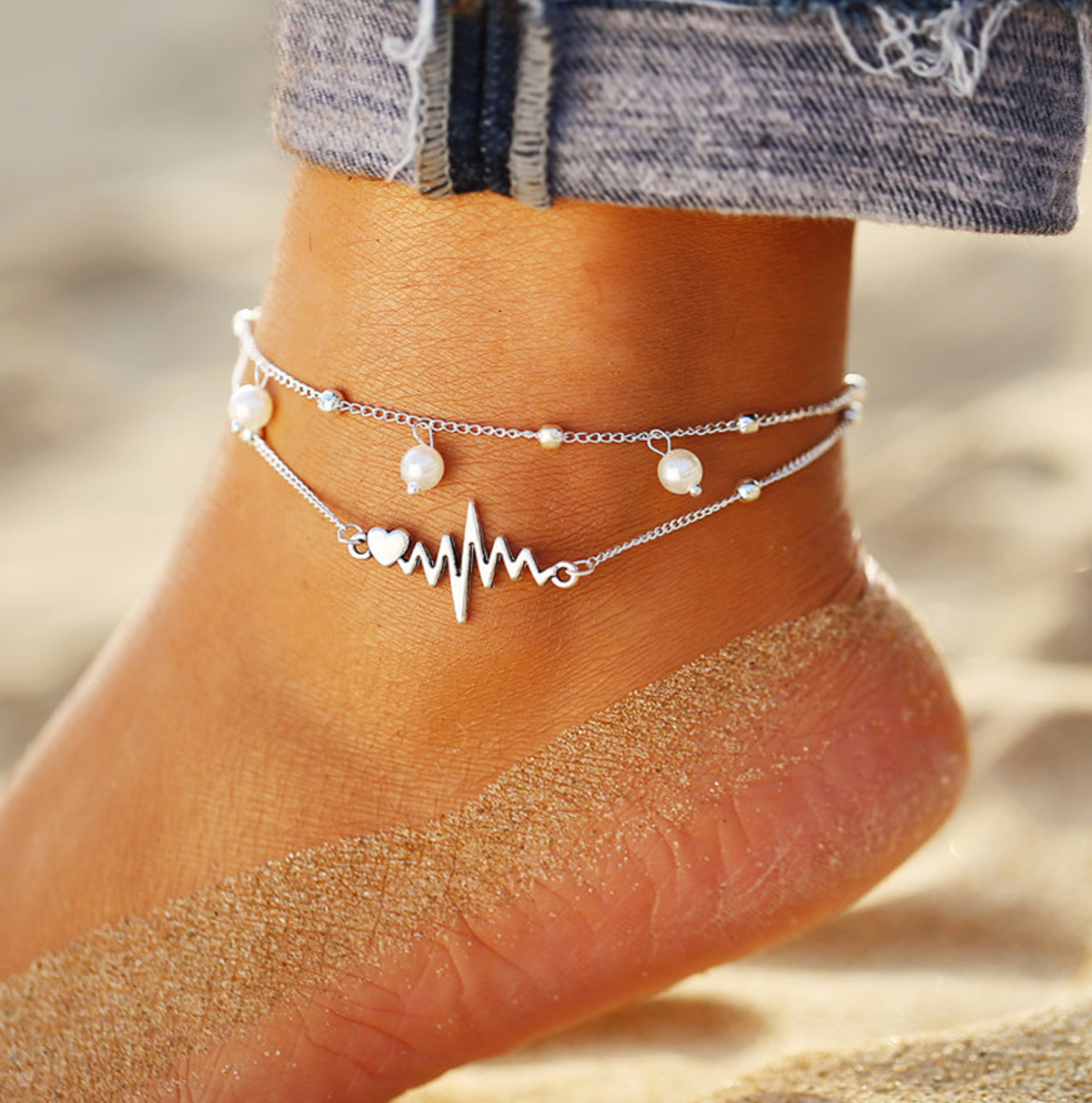 Imitation Pearl Silvertone Heartbeat Anklet