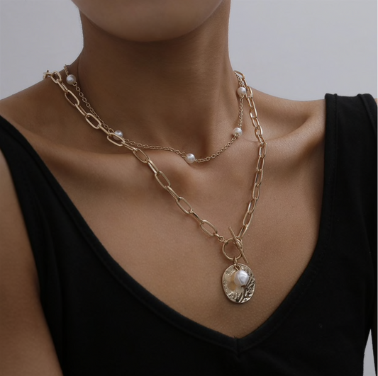 Goldtone Chain Link & Delicate Imitation Pearl Layered Necklace