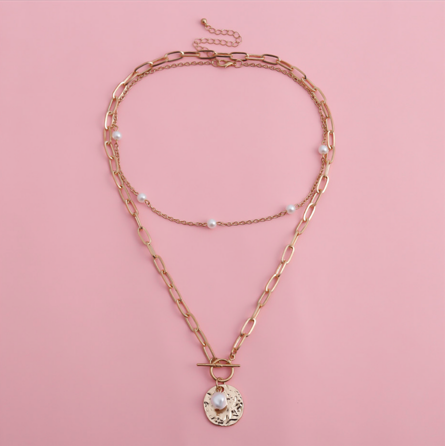 Goldtone Chain Link & Delicate Imitation Pearl Layered Necklace