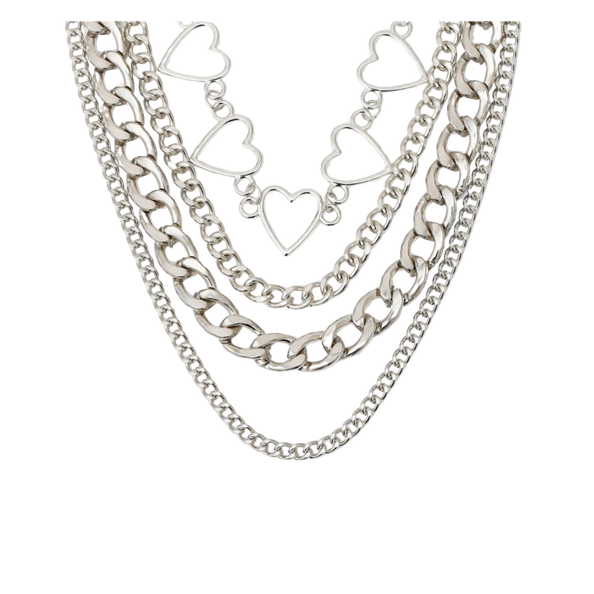 Close-up of open heart links and layered chains on a silvertone necklace