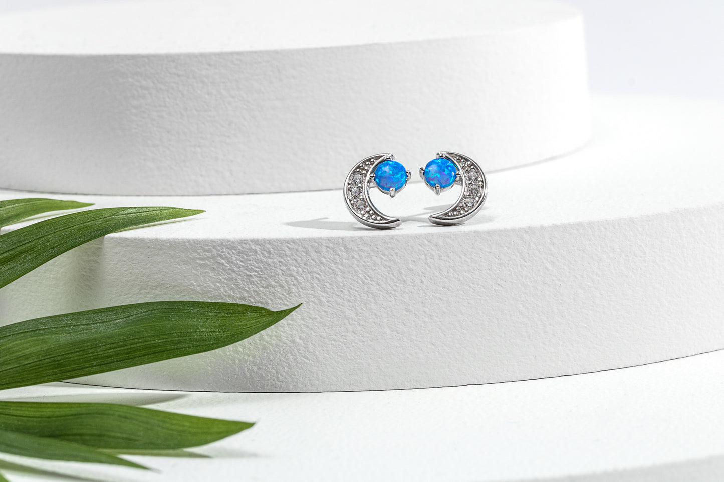 Sterling Silver Crescent Moon & Blue Round Lab-Created Opal Stud Earrings