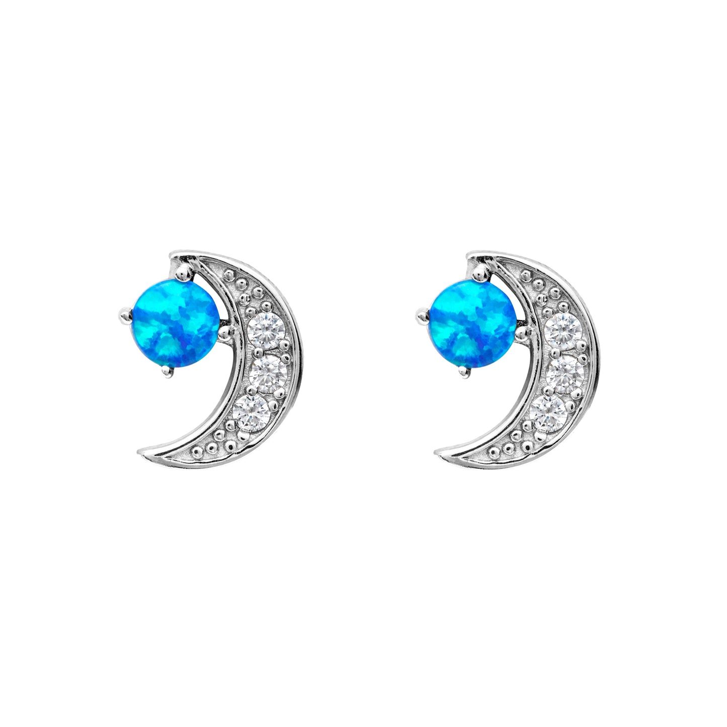 Sterling Silver Crescent Moon & Blue Round Lab-Created Opal Stud Earrings