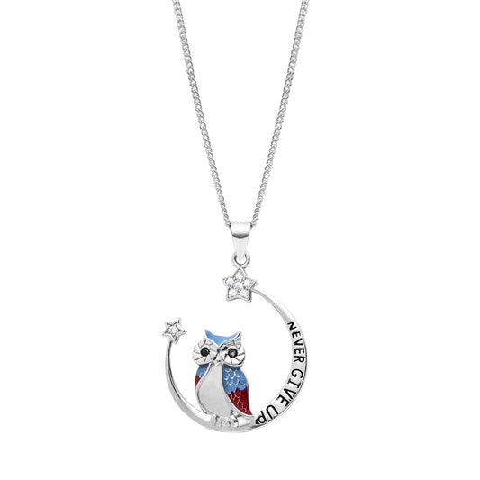 Sterling Silver & Cubic Zirconia 'Never Give Up' Owl Pendant Necklace