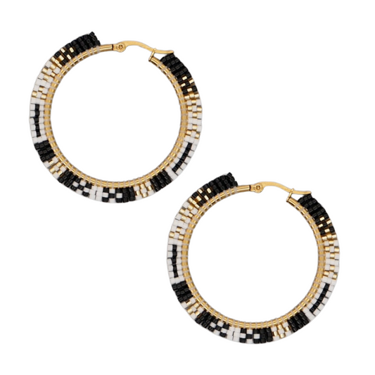 Black White Goldtone Miyuki Seed Bead Hoop Earrings
