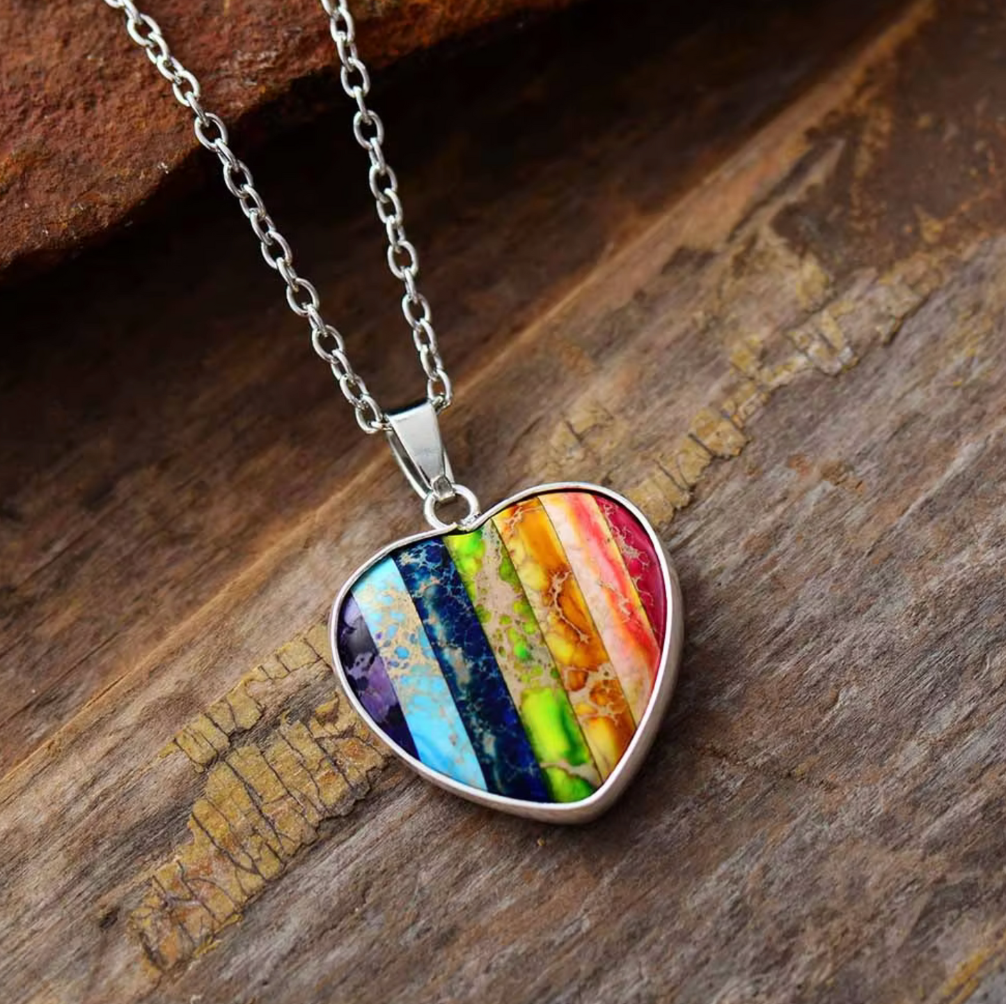 Striped Multi Colored Heart Pendant With Howlite Gemstones