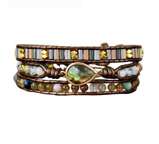 Earth Toned Labradorite Gemstone 3 Row Handmade Wrap Bracelet