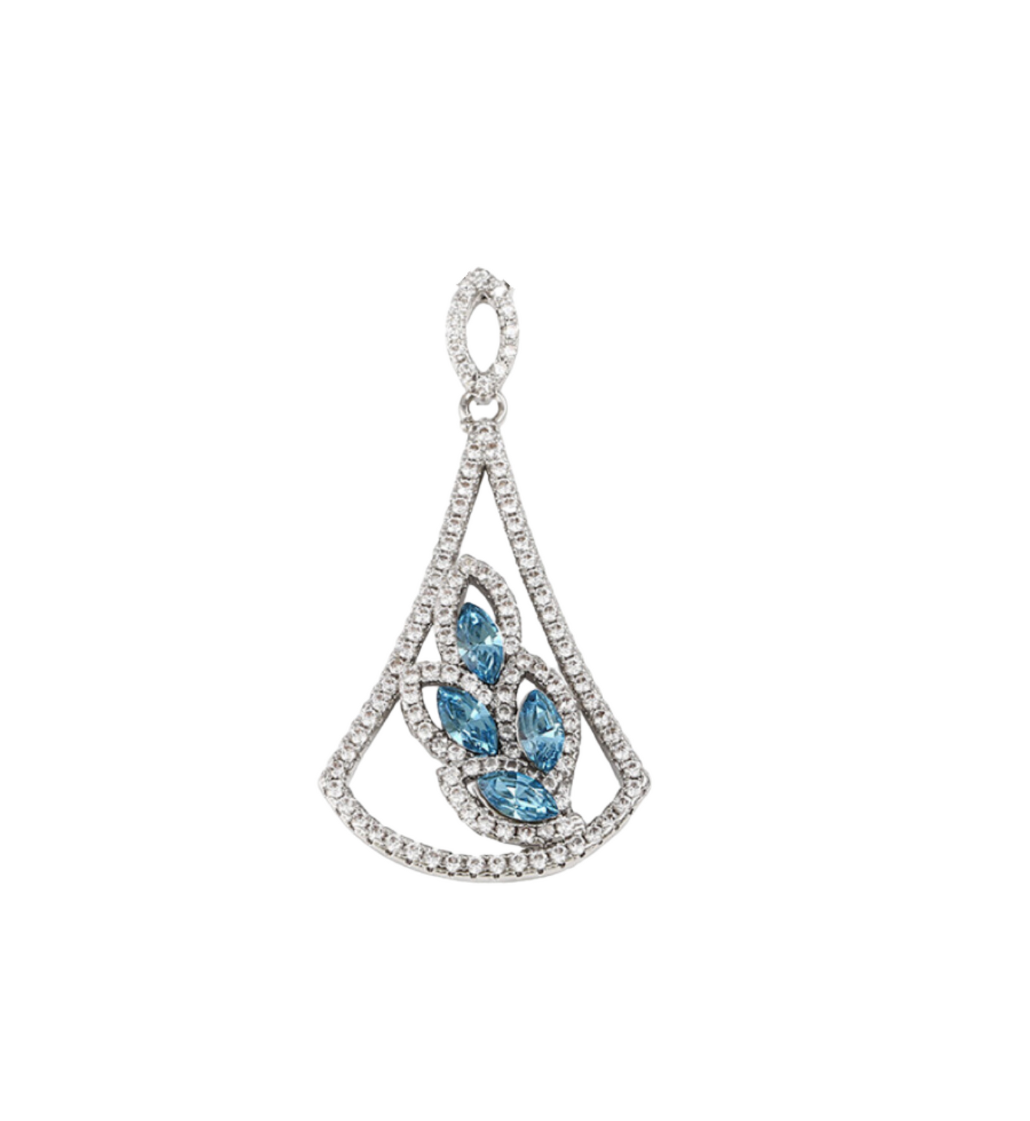 Rhodium Plated Fan Drop Pave Pendant with Aquamarine Marquis leaf pendant