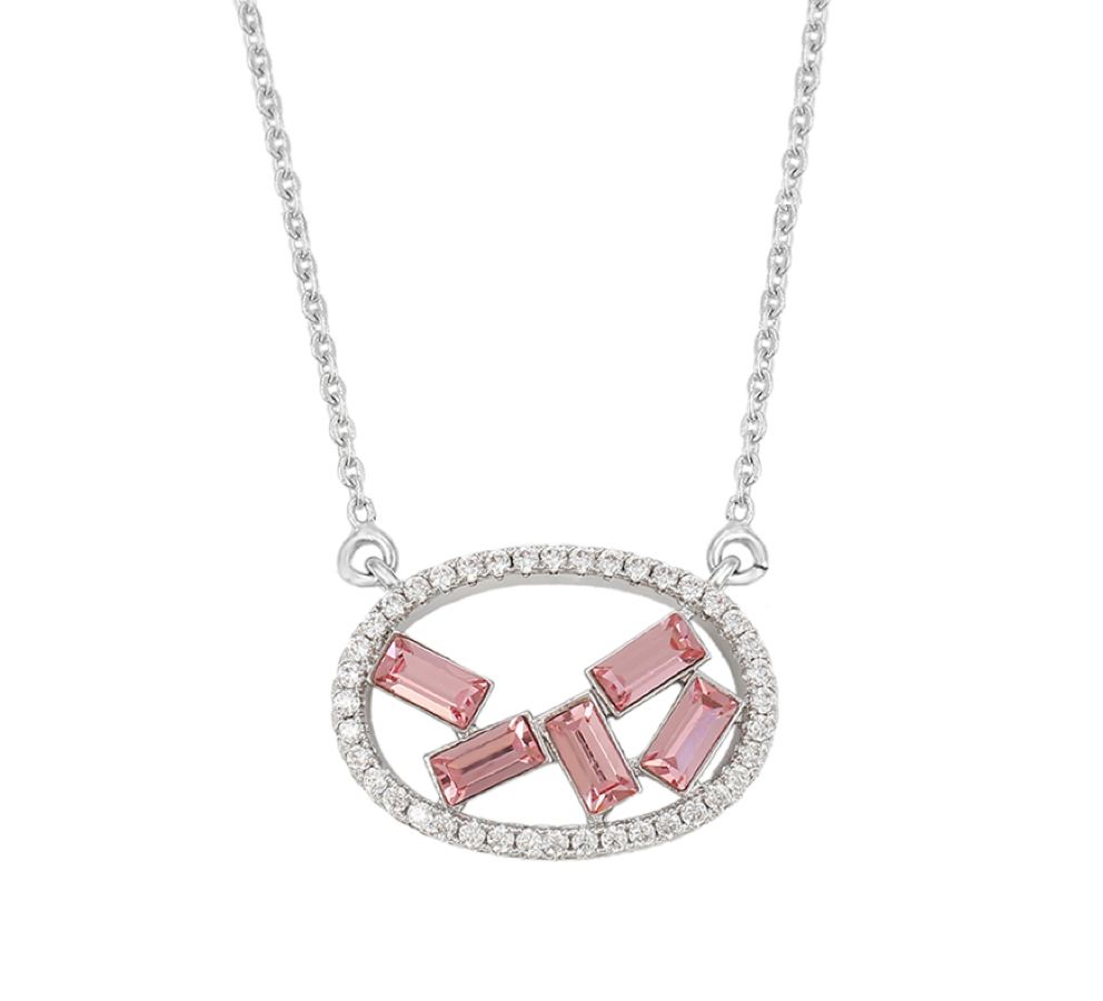 Rhodium Plated Emerald Cut Geometric Crystal Oval Pendant With Swarovski