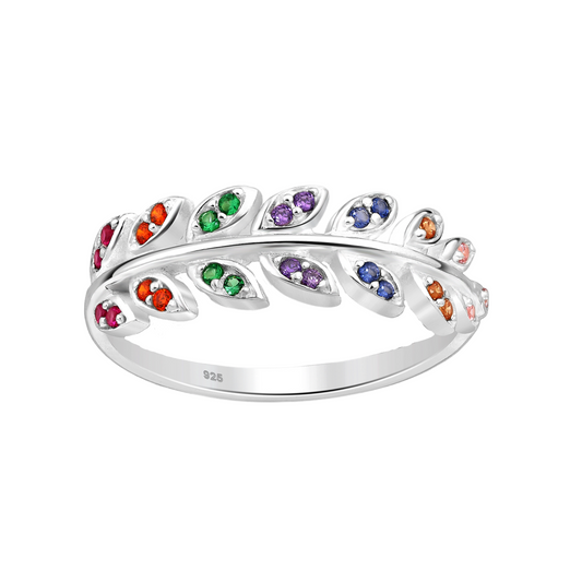 Multicolor Cubic Zirconia & Sterling Silver Leaf Ring