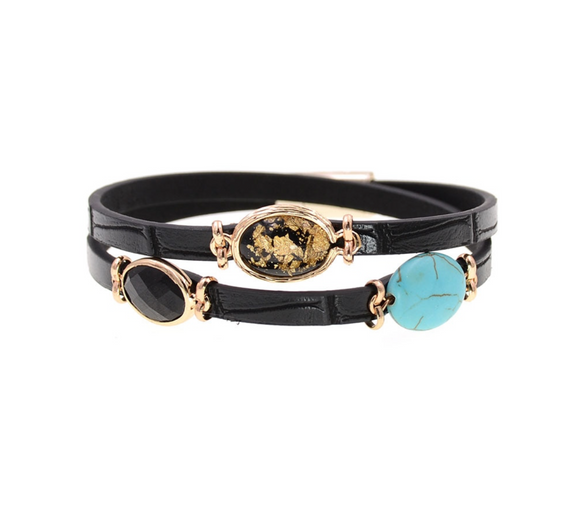 Black Faux Leather Bracelet With Turquoise And Goldtone Ovals