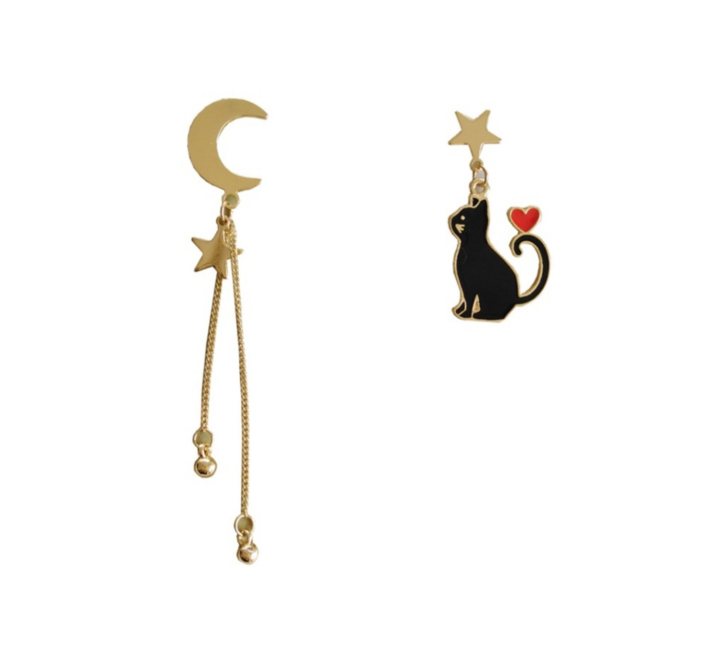 Black Cat Goldtone Celestial Asymmetrical Drop Earrings