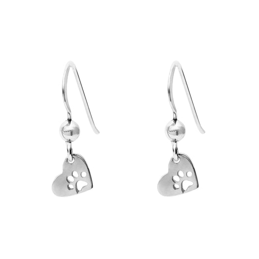 Sterling Silver Heart Paw Print Drop Earrings