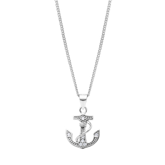 Cubic Zirconia & Sterling Silver Anchor Pendant Necklace