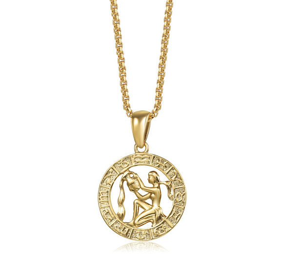 Goldtone Aquarius Zodiac Circular Pendant Necklace