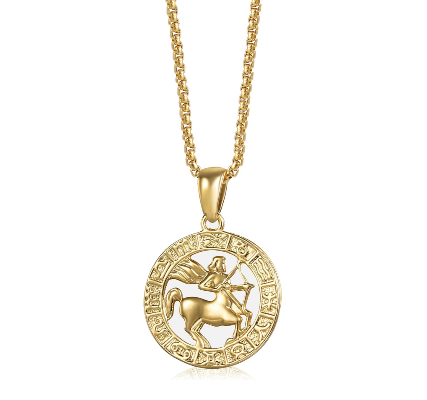 Goldtone Circular Star Sign Zodiac Medallion Pendant Necklace