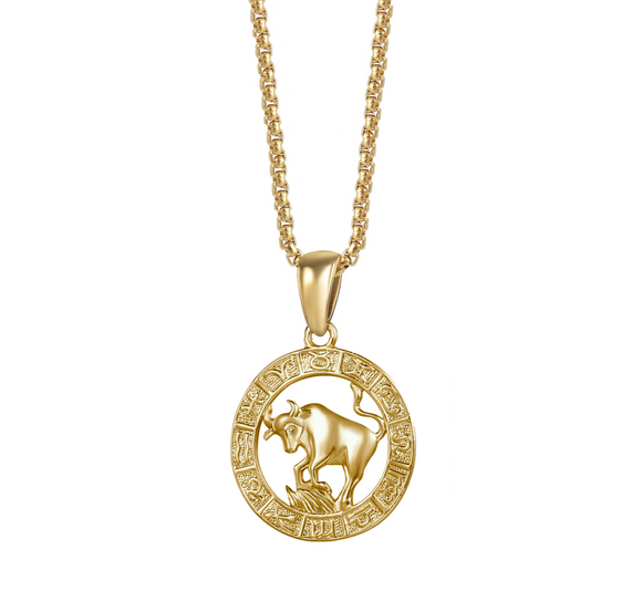 Goldtone Taurus Circular Zodiac Pendant Necklace